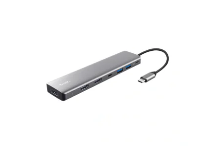 Adaptor Trust Dalyx 7-in-1, 2 porturi interfata USB-A 3.2 gen 1, 1 port USB-C, 2 porturi HDMI, 1 display port, 1 charging port USB-C 100W, led indicator oprit/pornit, lungime cablu 16cm, gri