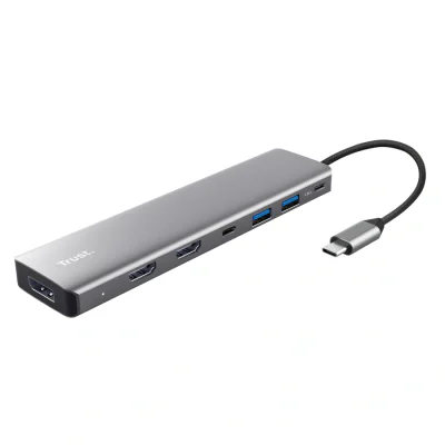 Adaptor Trust Dalyx 7-in-1, 2 porturi interfata USB-A 3.2 gen 1, 1 port USB-C, 2 porturi HDMI, 1 display port, 1 charging port USB-C 100W, led indicator oprit/pornit, lungime cablu 16cm, gri