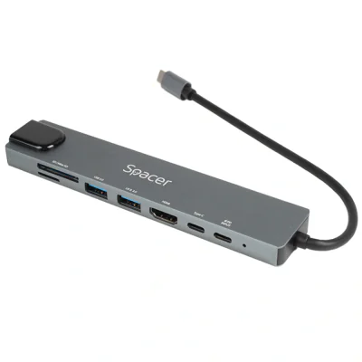 Adaptor USB-C SPACER Docking station SPACER SPDS-TYPEC-CHUPSG-8IN1, Type-C, 87W, Gri, 2 ani Garantie, Grey