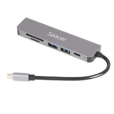 Adaptor USB-C SPACER Docking station SPACER SPDS-TYPEC-HUPS-6IN1, Type-C, 87W, Gri, 2 ani Garantie, Grey