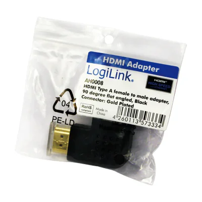 ADAPTOR video LOGILINK, HDMI (T) la HDMI (M), conectori auriti, in unghi de 90 grade, rezolutie maxima 4K UHD (3840 x 2160) la 30 Hz, negru, "AH0008"