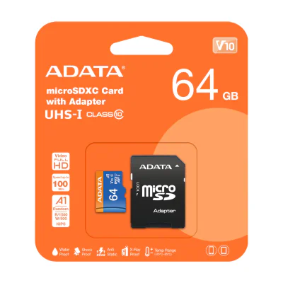 ADATA 64GB, microSDHC, Class 10, 64 GB, MicroSDHC, Class 10, UHS-I, 85 MB/s, 25 MB/s