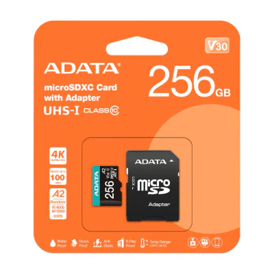ADATA Premier Pro, 256 GB, MicroSDXC, Class 10, UHS-I, 100 MB/s, 80 MB/s