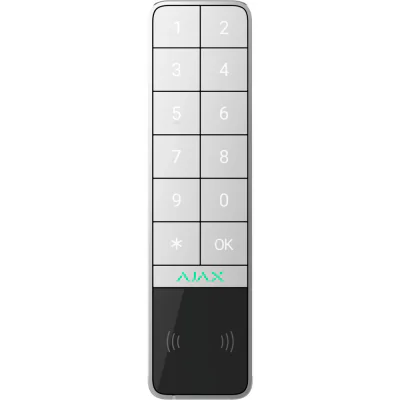 Ajax KeyPad Outdoor WH - Tastatură wireless pentru sistemele Ajax. Suportă autentificare prin smartphone, taguri, carduri si cod. Se poate folosi atat la exterior ca