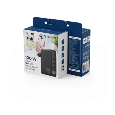 ALIMENTATOR retea 220V GEMBIRD, universal, 1 x USB-A QC3.0 + 3 x USB-C 3A, max. 100W PD GaN, LCD, protectie: scurtcircuit, supraincarcare, supratensiune, supraincalzire, negru, "TA-UC-PDQC100LCD-01-BK"