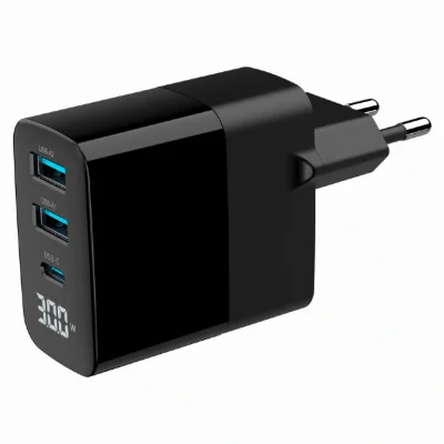 GEMBIRD 3-port 30W GaN USB fast charger 2x USB-A + USB -Type-C LCD black