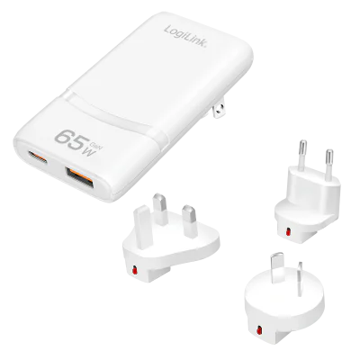 ALIMENTATOR retea 220V LOGILINK, universal, 1 x USB-C, 1 x USB-A, maxim 20V/3.25A, GaN 65W, tip travel: adaptor EU/UK/AU, suport OCP/OVP/OHP/SCP, compatibil EU/AUS/US/UK, alb, "PA0376"