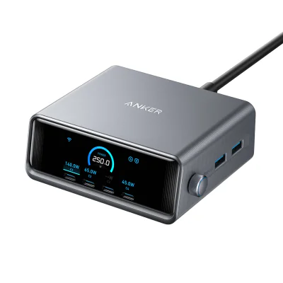 Incarcator si statie incarcare Anker Prime 250W, Ultra-Fast 6-Port, 2x USB-A, 4x USB-C, GaN, Ecran LCD, negru