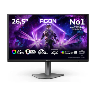 AOC AGON PRO AG276QKD2, 67.3 cm (26.5"), 2560 x 1440 pixels, Quad HD, QD-OLED, 0.03 ms, Black, Grey