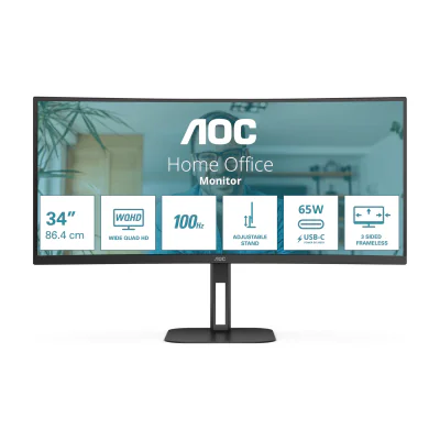 AOC V5 CU34V5C/BK, 86.4 cm (34"), 3440 x 1440 pixels, Wide Quad HD, LED, 4 ms, Black