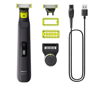 Aparat de ras (0,2mm) si tuns (0,4-10mm) PHILIPS OneBlade Pro QP6542/15, Fata&corp, pieptene cu 14 setari de lungime (0,4-10 mm), 2 accesorii pentru utilizare pe corp, 2 lame 360, 90 min (Li-ion), cablu de alimentare USB-A, fara adaptor pentru priza
