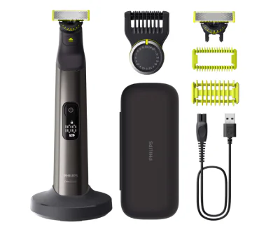 Aparat de ras (0,2mm) si tuns (0,4-10mm) PHILIPS OneBlade Pro QP6652/61, Fata&corp, pieptene cu 20 de setări de lungime (0,4-10 mm),  2 accesorii pentru corp, 2 lame 360, 120 min (Li-ion), trusa, cablu alimentare USB-A, fara adaptor priza
