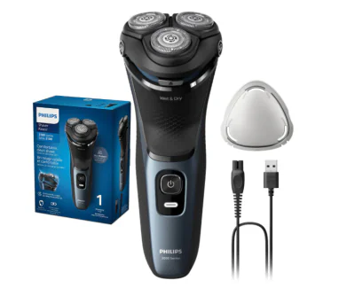 Aparat de ras PHILIPS Shaver Seria 3000 S3144/00, Barbierit umed şi uscat, Fara fir, Capete 5D pivotante si flexibile, Lame autoascutire, 60 min, Capac de protectie, Albastru intens, L x A x I (mm) 140x80x190