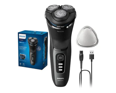 Aparat de ras PHILIPS Shaver Seria 3000 S3244/12, barbierit umed şi uscat, fara fir, capete 5D pivotante si flexibile, lame autoascutire, 60 min, sistem de barbierire anticoroziune, capac de protectie, Negru