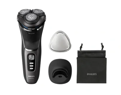 Aparat de ras PHILIPS Shaver Seria 3000 S3343/13, Barbierit umed şi uscat, Fara fir, Capete 5D pivotante si flexibile, Lame autoascutire, 60 min, Sistem de barbierire anticoroziune, Capac de protectie, Suport de incarcare, Negru, L x A x I (mm) 80x14