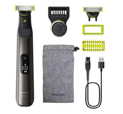 Aparat de tuns parul de pe fata si corp, Philips OneBlade Pro QP6552/15, Acumulator, Autonomie 120 min., Lungime 0, 4-10 mm, Crom