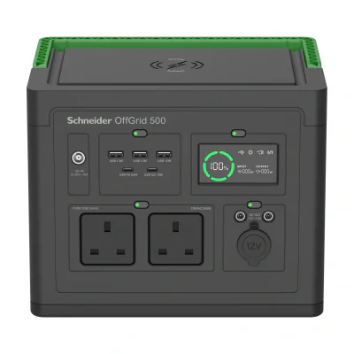 APC SE OffGrid Portable Power Station 500 - Li-Ion battery, LCD, 2x UK outlets, 3x USB-A, 2x USB-C, 3x 12V, wireless charger, AC, DC, 517 Wh, Power Delivery, Quick Charge 1.0, Pure sine, 200 W, 190 - 265 V