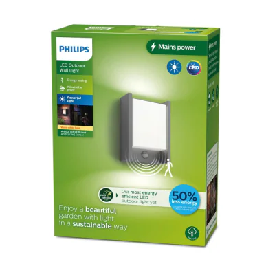 Aplica LED pentru exterior cu senzor de miscare Philips ARBOUR, 3.8W,800 lm, lumina calda (2700K), IP44, 220x76x165mm, Antracit