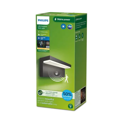 Aplica LED pentru exterior cu senzor de miscare Philips BUSTAN, 3.8W,800 lm, lumina calda (2700K), IP44, 92x220x78mm, Antracit