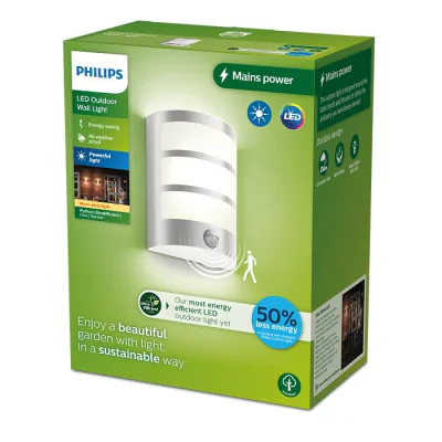 Aplica LED pentru exterior cu senzor de miscare Philips PYTHON, 3.8W,800 lm, lumina calda (2700K), IP44, 215x171x84mm, Inox