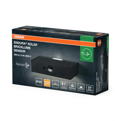 Aplica LED solara cu senzor de miscare si lumina Osram ENDURA Solar Bricklume Sensor, 3W, 300 lm, lumina calda (3000K), PIR, IP65, baterie Litiu-Ion 18650, Gri inchis