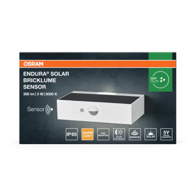 Aplica LED solara cu senzor de miscare si lumina OSRAM ENDURA SolarBricklume Sensor, 3W, 300 lm, lumina calda(3000K), PIR, IP65, baterie Litiu-Ion 18650, Alb