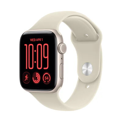 Apple Watch SE 3 GPS + Cellular 44 mm, carcasă Starlight Aluminium, brățară Sand Sport Band S/M