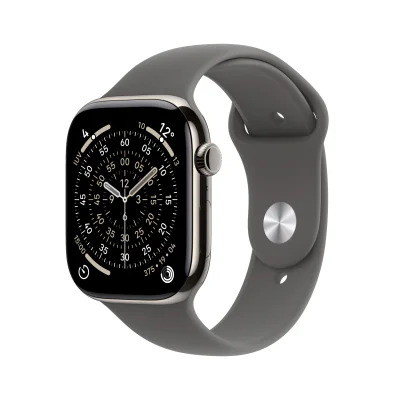 Apple Watch Series 11 GPS + Cellular 42 mm, carcasă Natural Titanium, brățară Stone Grey Sport Band S/M