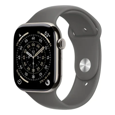 Apple Watch Series 11 GPS + Cellular 46 mm, carcasă Natural Titanium, brățară Stone Grey Sport Band M/L