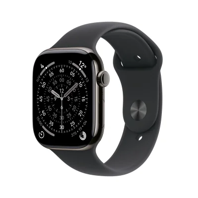 Apple Watch Series 11 GPS + Cellular 46 mm, carcasă Slate Titanium, brățară Black Sport Band M/L