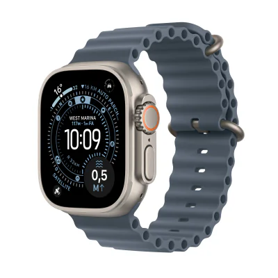 Apple Watch Ultra 3 GPS + Cellular 49 mm, carcasă Natural Titanium, brățară Anchor Blue Ocean Band