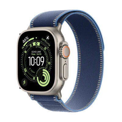 Apple Watch Ultra 3 GPS + Cellular 49 mm, carcasă Natural Titanium, brățară Blue/Bright Blue Trail Loop M/L