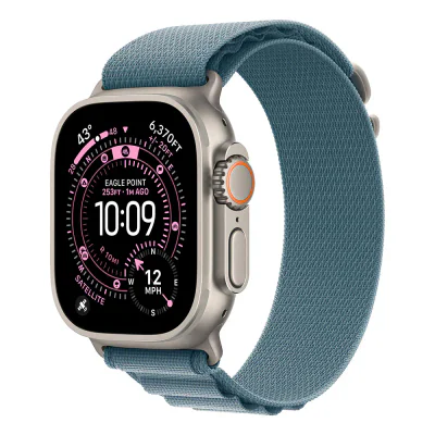 Apple Watch Ultra 3 GPS + Cellular 49 mm, carcasă Natural Titanium, brățară Light Blue Alpine Loop Medium