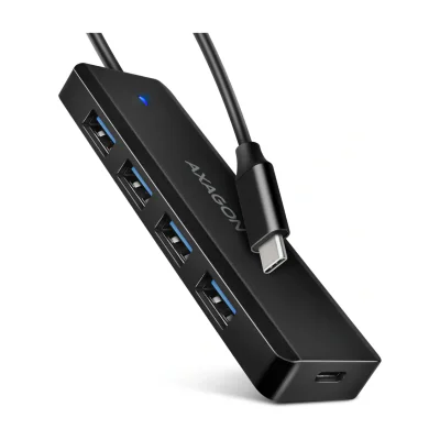 Axagon HUE-C1C 4x USB 5Gbps TRAVEL hub, USB-C power IN, 19cm USB-C cable, USB 3.2 Gen 1 (3.1 Gen 1) Type-C, USB 3.2 Gen 1 (3.1 Gen 1) Type-A, 5000 Mbit/s, Black, Plastic, 0.19 m