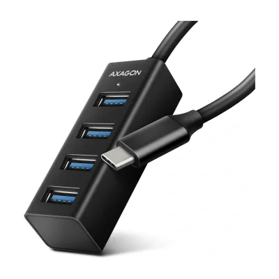 Axagon HUE-M1C 4x USB 3.2 Gen 1 MINI hub, metal, 20cm USB-C cable, USB 3.2 Gen 1 (3.1 Gen 1) Type-C, USB 3.2 Gen 1 (3.1 Gen 1) Type-A, 5000 Mbit/s, Black, Aluminium, Round cable