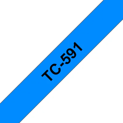 Banda laminata Original Brother Black on Blue, TC591, pentru E105|E110|H100|H101|H105|H110|H111|P300|128|200|1000|1010|1090|1100|1120|1130|1160|1170|1180|1190|1200|1230|1280|1290|6100|7100|ST1150, 9mm, incl.TV 0 RON, "TC591"