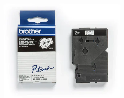 Banda laminata Original Brother Black on Clear, TC101, pentru E105|E110|H100|H101|H105|H110|H111|P300|128|200|1000|1010|1090|1100|1120|1130|1160|1170|1180|1190|1200|1230|1280|1290|6100|7100|ST1150, 12mm, incl.TV 0 RON, "TC101"