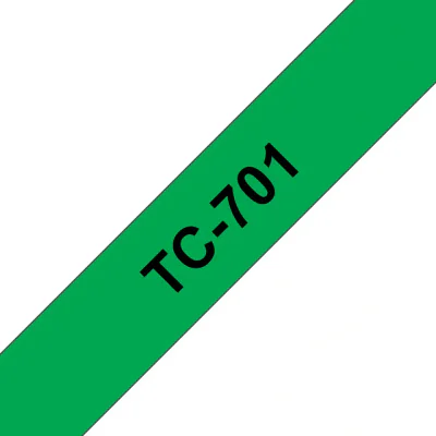 Banda laminata Original Brother Black on Green, TC701, pentru E105|E110|H100|H101|H105|H110|H111|P300|128|200|1000|1010|1090|1100|1120|1130|1160|1170|1180|1190|1200|1230|1280|1290|6100|7100|ST1150, 12mm, incl.TV 0 RON, "TC701"