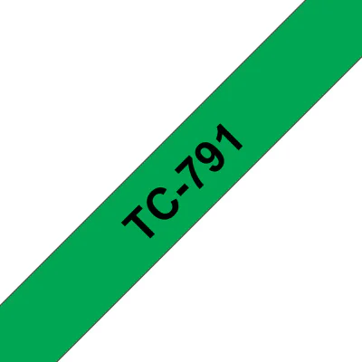 Banda laminata Original Brother Black on Green, TC791, pentru E105|E110|H100|H101|H105|H110|H111|P300|128|200|1000|1010|1090|1100|1120|1130|1160|1170|1180|1190|1200|1230|1280|1290|6100|7100|ST1150, 9mm, incl.TV 0 RON, "TC791"