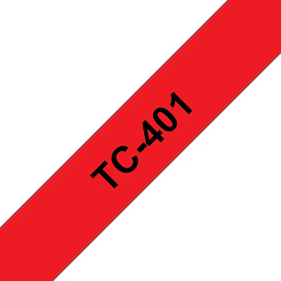 Banda laminata Original Brother Black on Red, TC401, pentru E105|E110|H100|H101|H105|H110|H111|P300|128|200|1000|1010|1090|1100|1120|1130|1160|1170|1180|1190|1200|1230|1280|1290|6100|7100|ST1150, 12mm, incl.TV 0 RON, "TC401"