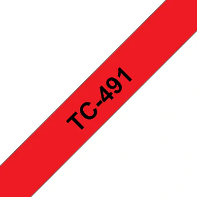 Banda laminata Original Brother Black on Red, TC491, pentru E105|E110|H100|H101|H105|H110|H111|P300|128|200|1000|1010|1090|1100|1120|1130|1160|1170|1180|1190|1200|1230|1280|1290|6100|7100|ST1150, 9mm, incl.TV 0 RON, "TC491"