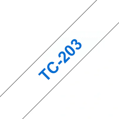 Banda laminata Original Brother Blue on White, TC203, pentru E105|E110|H100|H101|H105|H110|H111|P300|128|200|1000|1010|1090|1100|1120|1130|1160|1170|1180|1190|1200|1230|1280|1290|6100|7100|ST1150, 12mm, incl.TV 0 RON, "TC203"