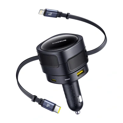 Baseus Enjoyment Max încărcător auto cu cabluri USB-C+Lightning și porturi USB-A+USB-C 90W Negru