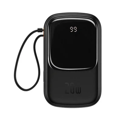 Baterie externa Baseus Qpow Pro Digital Display, 20000mAh, 20W, 1 x cablu integrat Iphone Lightning output, 1 x USB, 1 x USB Type-C, negru,