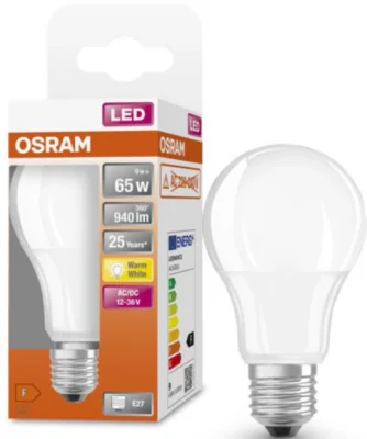 Bec LED Osram Classic A60, E27, 12-36V AC/DC, 9W (65W), 940 lm, luminacalda (2700K), nu functioneaza la 220-240V