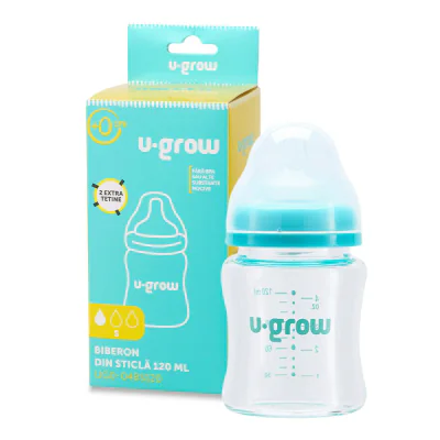 Biberon de sticla 120 ml+2 tetine extra, U-Grow
