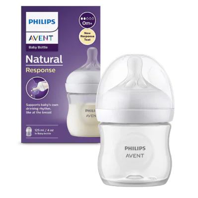 Biberon Philips Avent Natural Response SCY900/01, 125 ml, tetina care functioneaza ca sanul mamei, cu debit 2, tetina fara scurgeri, +0 luni, fara BPA, usor de curatat