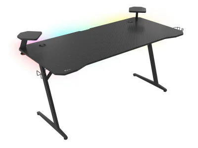 Birou gaming Genesis Holm 510 RGB, cadru din metal, MDF textura tip carbon, Iluminare RGB controlata prin telecomanda, management cabluri, negru