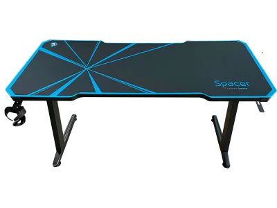 BIROU GAMING Spacer, dimensiuni 1400 x 600 x 18 mm, blat MDF invelit in fibra de carbon cu mousepad pe toata suprafata, suport casti si cana metalice, picioare reglabile manual, RGB, telecomanda wireless "SPGD-RGB-140-02"