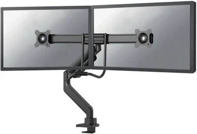 Brat dublu pentru monitor Neomounts, tip full motion, pentru display-uri cu diagonale 17"-32", sistem de prindere VESA 75x75~100x100mm, greutate maxima suportata 8kg per ecran, tilt  +10°, -10°, swivel +90°, -90°, rotate +180°, -180°, reglabil pe ina